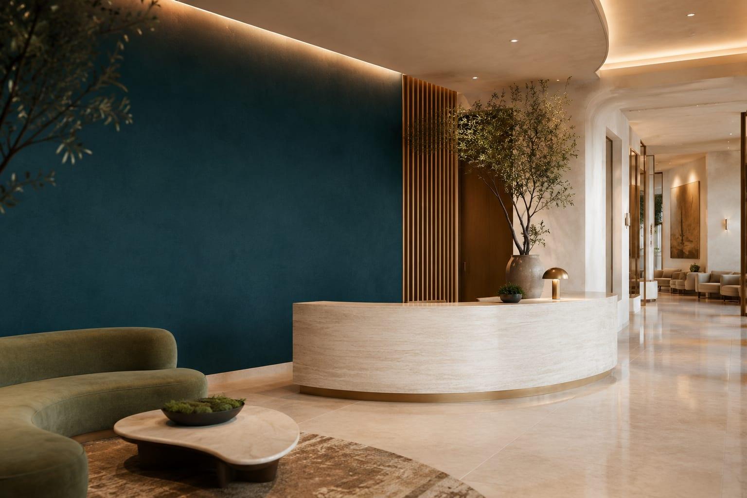 Warm, architectural reception and lounge area at Boulevard Wellness Suites